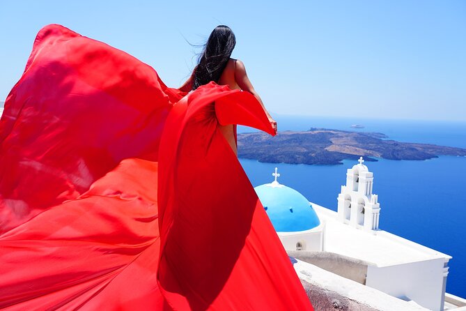 1-Hour Flying Dress Photoshoot, Instagram spots - Stop 2: Firostefani for the blue-domes look everyone comes for