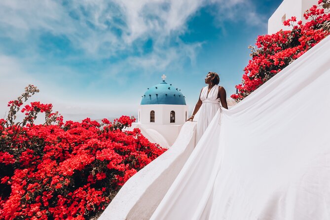 Exclusive Santorini Flying Dress Photoshoot with Pickup - Blue Dome Imerovigli Photo Stop: Where Wind Becomes a Feature