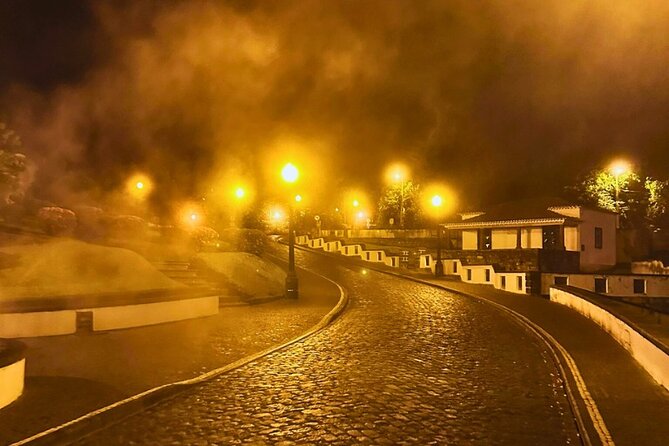 Furnas: Mystic Tour (w/Dinner) - Hot Springs - Caldeira das Furnas at night: smoke and lights from nature