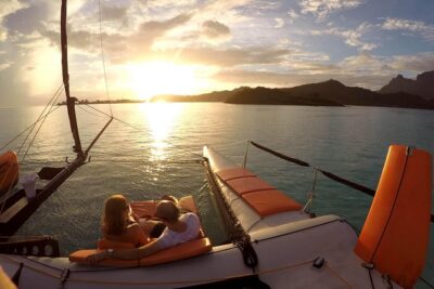 LUXURY Catamaran Bora Bora : The Sunset Escape - Sunset Over Otemanu Mountain and the Vaitape Area