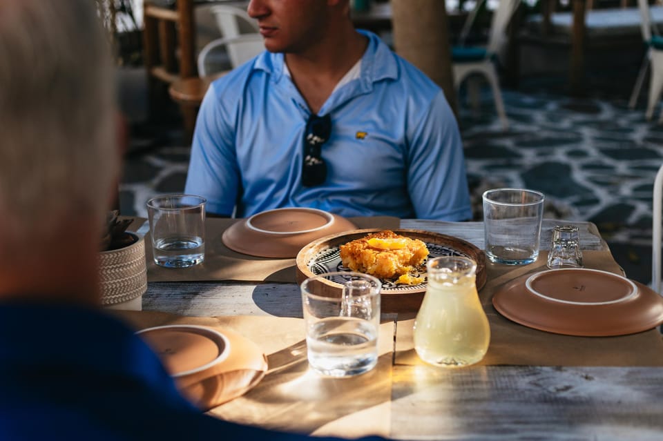 Naxos: Naxos Town Food Tour with Tastings and Wine - The sit-down food stops: potato, phyllo, and classic Naxian comfort