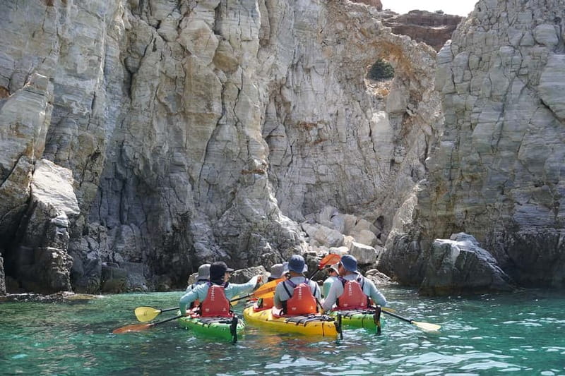 Naxos: Rina Cave Sea Kayak Tour with Snorkeling and Picnic - Entering Rina Cave: the turquoise light is the whole point
