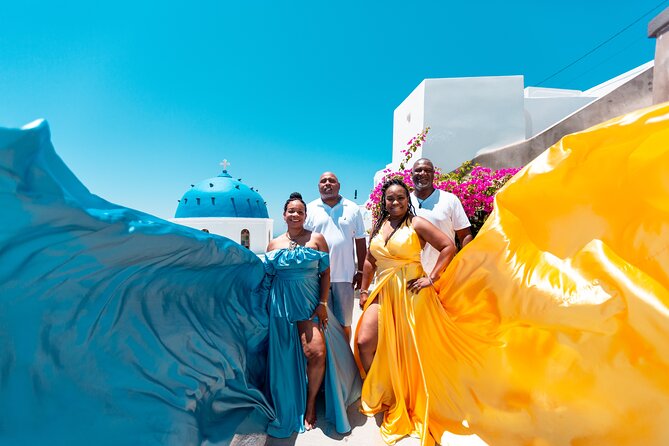 Photoshoot in Flying Dresses in Santorini - Stop 1: Oia’s viewpoints and the “wind dress” moment