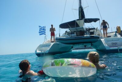 Private CATAMARAN daytrip - Lindos/ Rhodos with Lunch and drinks - From Lardos to Bay of Navarone: the coastal cruise that sets the tone