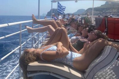 Rhodes Bay to Bay Swim Cruise-Greek Buffet w/wine included - Colossus of Rhodes from the Harbor Entrance: See It Without the History Detour