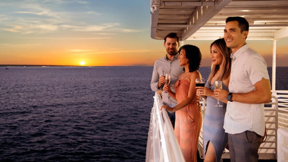 Rhodes: Sunset Cruise with Live Music, Wine & Greek Buffet - Mandraki Port and Romantika Dreams: getting set up for sunset