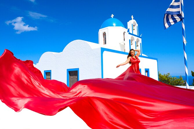 Santorini 2h Private Flying Dress Photoshoot with Transportation - Firostefani: the sweet spot for caldera views