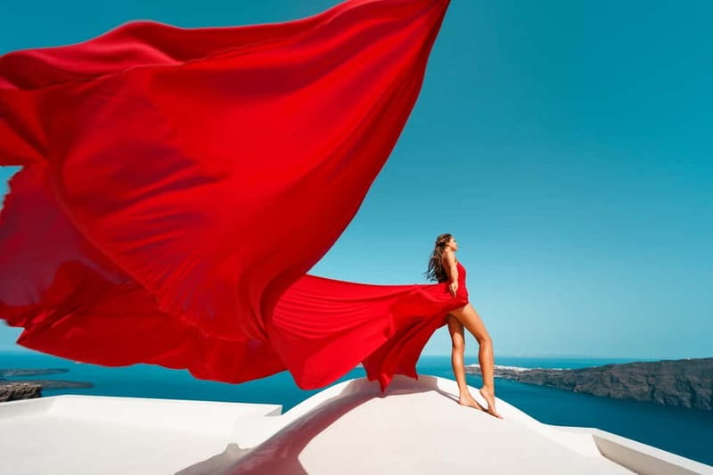 Santorini Flying Dress Photoshoot - Oia flying-dress photos: what you’re really buying