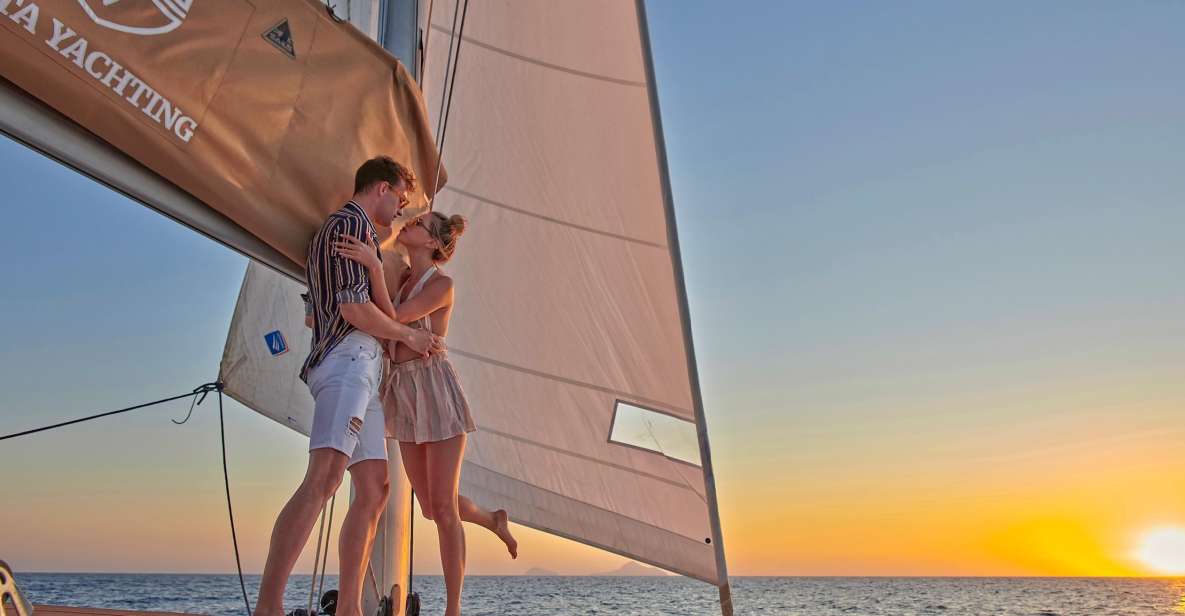 Santorini: Platinum Catamaran Cruise w/ BBQ Meal & Open Bar - Platinum Catamaran Luxury in a Short, Realistic 5 Hours