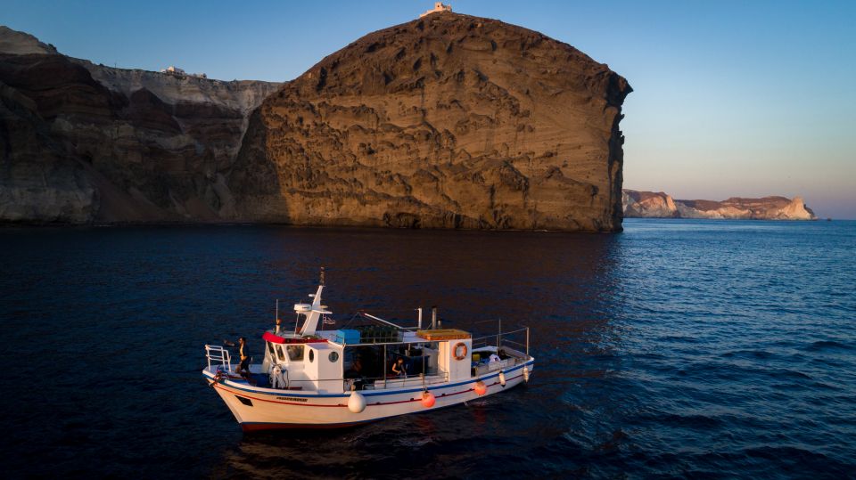 Santorini Sunset Fishing Trip with Dinner and Drinks - The Volcanic Coast Ride: Red, White, Black Beaches and Indian Rock